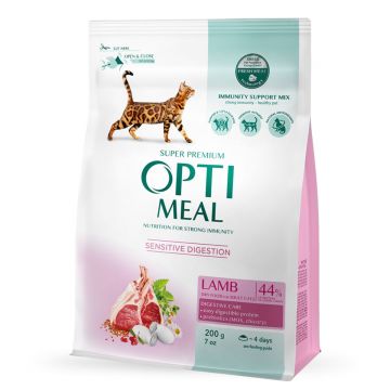 OPTIMEAL Sensitive, Miel, hrană uscată pisici, sesibilități digestive OPTIMEAL Sensitive, Miel, hrană uscată pisici, sistem digestiv, 200g