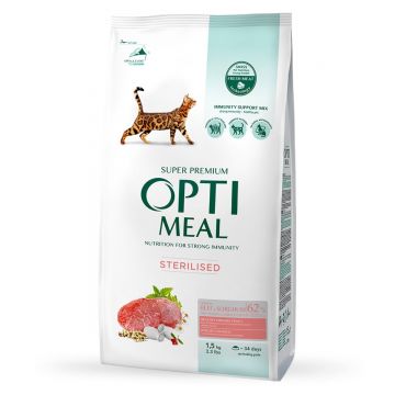 OPTIMEAL Sterilised, Vită cu Sorg, hrană uscată pisici sterilizate OPTIMEAL Sterilised, Vită, hrană uscată pisici sterilizate, 1.5kg