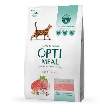OPTIMEAL Sterilised, Vită cu Sorg, hrană uscată pisici sterilizate OPTIMEAL Sterilised, Vită, hrană uscată pisici sterilizate, 4kg