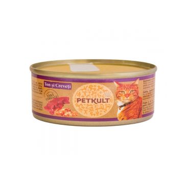 PETKULT Ton şi Creveti, conservă hrană umedă fără cereale pisici, 80g