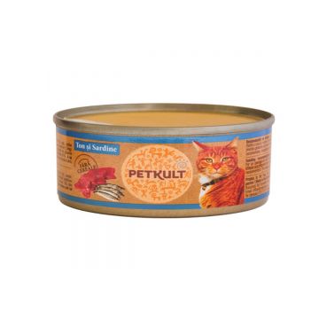 PETKULT Ton şi Sardine, conservă hrană umedă fără cereale pisici, 80g