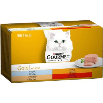PURINA Gourmet Gold Mousse, 4 arome (Vită, Curcan, Ficat, Ton), pachet mixt, conservă hrană umedă pisici, (pate), 85g x 4