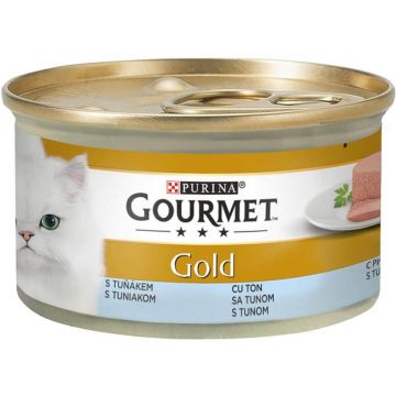 PURINA Gourmet Gold Mousse, Ton, conservă hrană umedă pisici, (pate), 85g