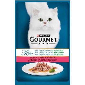 PURINA Gourmet Perle, Păstrăv cu Spanac, plic hrană umedă pisici, (în sos), 85g