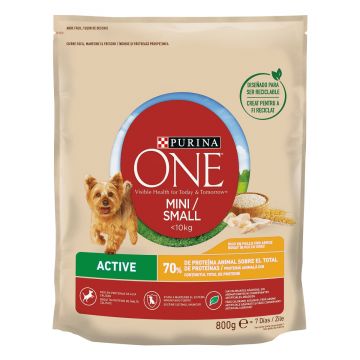 PURINA One Mini Active, Pui cu Orez, hrană uscată câini, activitate intensă, 800g