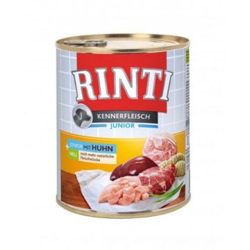 RINTI Junior, XS-XL, Pui, conservă hrană umedă fără cereale câini junior, (în suc propriu), 800g