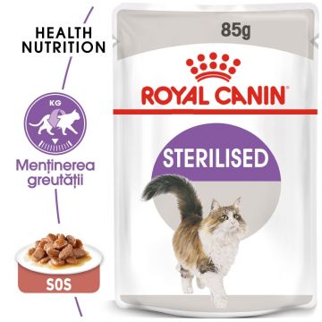 Royal Canin Sterilised Adult, hrană umedă pisici sterilizate, (în sos) Royal Canin Sterilised Adult, plic hrană umedă pisici sterilizate, (în sos), 85g
