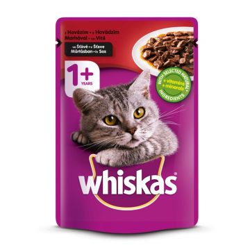 WHISKAS Adult, Vită, hrană umedă pisici, (în sos) WHISKAS Adult, Vită, plic hrană umedă pisici, (în sos), 100g