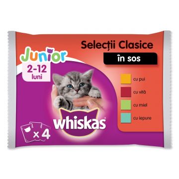 WHISKAS Selecții Clasice Junior, 4 arome, pachet mixt, plic hrană umedă pisici junior, (în sos), 100g x 4