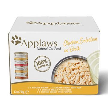 APPLAWS Chicken Selection Multipack, 3 arome (Pui și Dovleac, Pui și Asparagus, Pui și Orez), pachet mixt, plic hrană umedă pisici, 70g x 12