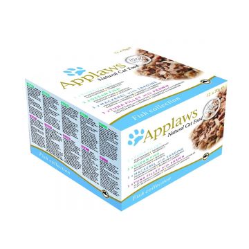 APPLAWS Fish Selection Multipack, 3 arome (Ton, Ton și Somon, Ton și Alge), pachet mixt, conservă hrană umedă pisici, 70g x 12