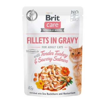 BRIT Care Fillets In Gravy, Curcan și Somon, plic hrană umedă fără cereale pisici, (în sos), 85g
