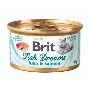 BRIT Fish Dreams, Ton și Somon, conservă hrană umedă pisici, (în suc propriu), 80g