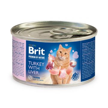 BRIT Premium By Nature, Curcan și Ficat, conservă hrană umedă fără cereale pisici, (pate), 200g