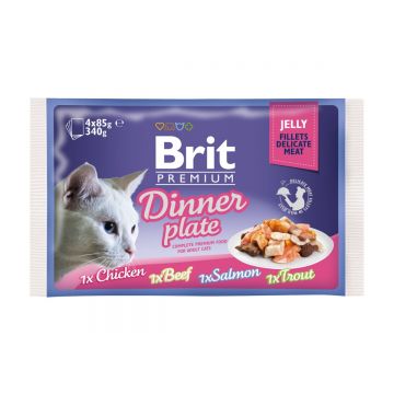 BRIT Premium Multipack Dinner Plate, 4 arome, pachet mixt, plic hrană umedă pisici, (în aspic), 85g x 4