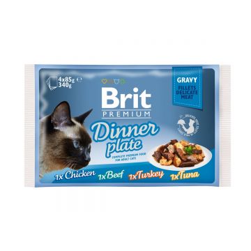BRIT Premium Multipack Dinner Plate, 4 arome, pachet mixt, plic hrană umedă pisici, (în sos), 85g x 4