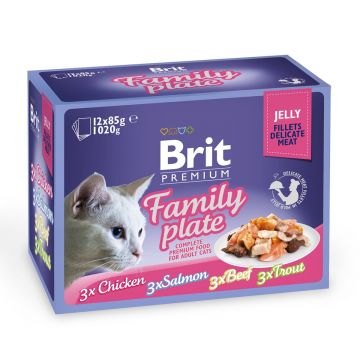 BRIT Premium Multipack Family Plate, 4 arome, pachet mixt, plic hrană umedă pisici, (în aspic), 85g x 12