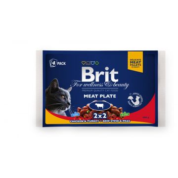 BRIT Premium Multipack Meat Plate, 2 arome, pachet mixt, plic hrană umedă pisici, (în sos), 100g x 4