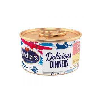 BUTCHER'S Delicious Dinners, Somon și Creveți, conservă hrană umedă fără cereale pisici, apetit capricios, (pate), 85g