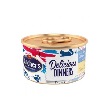 BUTCHER'S Delicious Dinners, Ton și Pește, conservă hrană umedă fără cereale pisici, apetit capricios, (pate), 85g