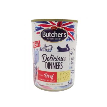 BUTCHER'S Delicious Dinners, Vită, conservă hrană umedă fără cereale pisici, (în aspic), 400g
