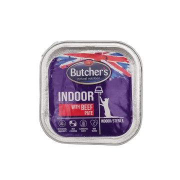 BUTCHER'S Functional Indoor, Vită, tăviță hrană umedă fără cereale pisici sterilizate, (pate), 100g