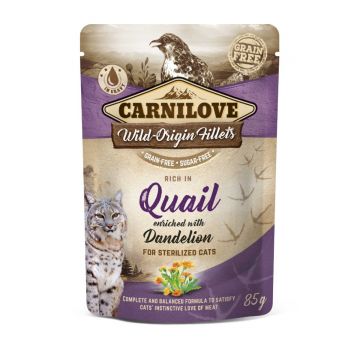 CARNILOVE Sterilised, File Prepeliță cu Păpădie, plic hrană umedă fără cereale pisici sterilizate, (în sos), 85g