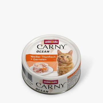 CARNY Ocean Ton Alb și Creveți, conservă hrană umedă fără cereale pisici, (în aspic), 80g