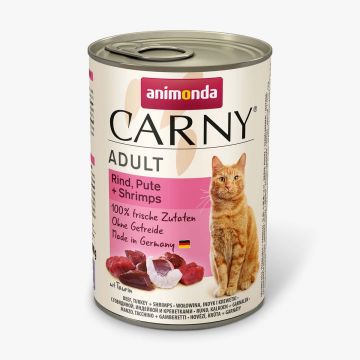 CARNY Vită, Curcan și Creveți, conservă hrană umedă fără cereale pisici, (în aspic), 400g
