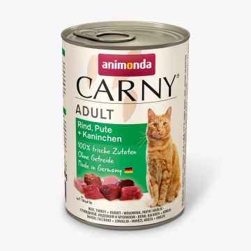 CARNY Vită, Curcan și Iepure, conservă hrană umedă fără cereale pisici, (în aspic), 400g