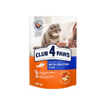 CLUB 4 PAWS Premium, Cod, hrană umedă pisici, (în aspic) CLUB 4 PAWS Premium, Cod, plic hrană umedă pisici, (în aspic), 80g