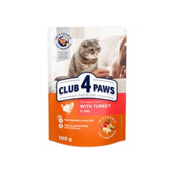 CLUB 4 PAWS Premium, Curcan, hrană umedă pisici, (în aspic) CLUB 4 PAWS Premium, Curcan, plic hrană umedă pisici, (în aspic), 80g
