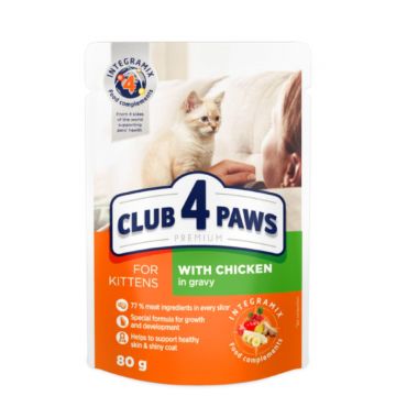 CLUB 4 PAWS Premium Kitten, Pui, hrană umedă pisici junior, (în sos) CLUB 4 PAWS Premium Kitten, Pui, plic hrană umedă pisici junior, (în sos), 80g