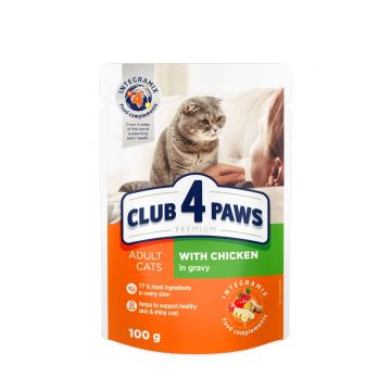 CLUB 4 PAWS Premium, Pui, hrană umedă pisici, (în sos) CLUB 4 PAWS Premium, Pasăre, plic hrană umedă pisici, (în sos), 100g