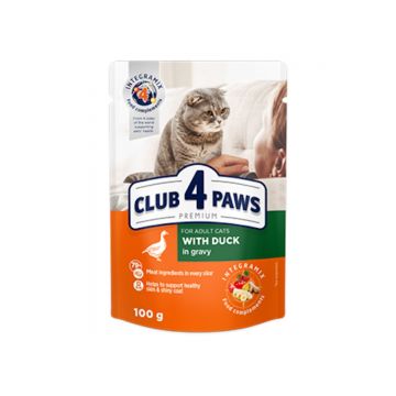 CLUB 4 PAWS Premium, Rață, hrană umedă pisici, (în sos) CLUB 4 PAWS Premium, Rață, plic hrană umedă pisici, (în sos), 100g