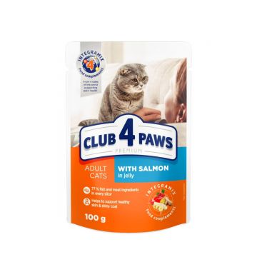 CLUB 4 PAWS Premium, Somon, hrană umedă pisici, (în aspic) CLUB 4 PAWS Premium, Somon, plic hrană umedă pisici, (în aspic), 100g