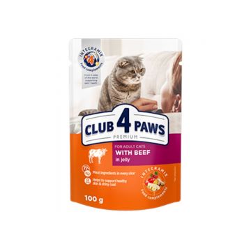 CLUB 4 PAWS Premium, Vită, hrană umedă pisici, Vită, (în aspic) CLUB 4 PAWS Premium, Vită, plic hrană umedă pisici, (în aspic), 100g