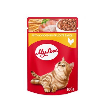 MY LOVE, Pui, hrană umedă pisici, (în sos) MY LOVE, Pui, plic hrană umedă pisici, (în sos), 100g