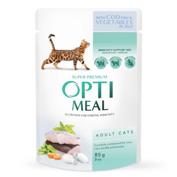 OPTIMEAL, Cod cu Legume, hrană umedă pisici, (în aspic) OPTIMEAL, Cod și Legume, plic hrană umedă pisici, (în aspic), 85g