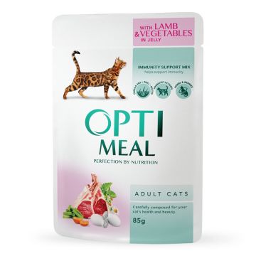 OPTIMEAL, Miel cu Legume, hrană umedă pisici, (în aspic) OPTIMEAL, Miel și Legume, plic hrană umedă pisici, (în aspic), 85g