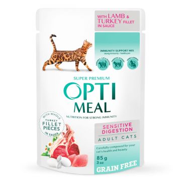 OPTIMEAL Sensitive, Miel și Curcan, hrană umedă pisici, sensibilități digestive, (în sos) OPTIMEAL Sensitive, Miel și Curcan, hrană umedă fără cereale pisici, sistem digestiv, (în sos), 85g