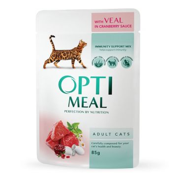 OPTIMEAL, Vită cu Merișoare, hrană umedă pisici, (în sos) OPTIMEAL, Vită, plic hrană umedă pisici, (în sos), 85g