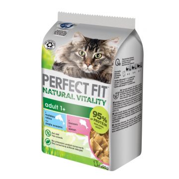 PERFECT FIT Vitality, Somon și Pește, multipack hrană umedă fără cereale pisici, 50g x 6