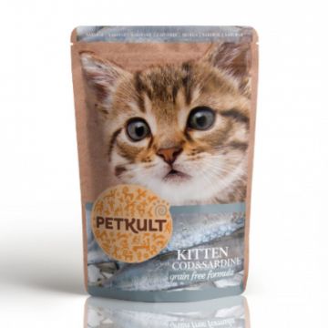 PETKULT Kitten, Cod şi Sardine, plic hrană umedă fără cereale pisici junior, 100g