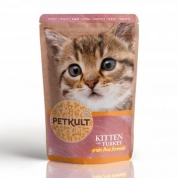 PETKULT Kitten, Curcan, hrană umedă fără cereale pisici junior PETKULT Kitten, Curcan, plic hrană umedă fără cereale pisici junior, 100g