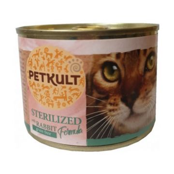 PETKULT Sterilised, Iepure, conservă hrană umedă fără cereale pisici, 185g
