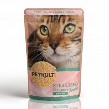 PETKULT Sterilised, Iepure, hrană umedă fără cereale pisici PETKULT Sterilised, Iepure, plic hrană umedă fără cereale pisici, 100g