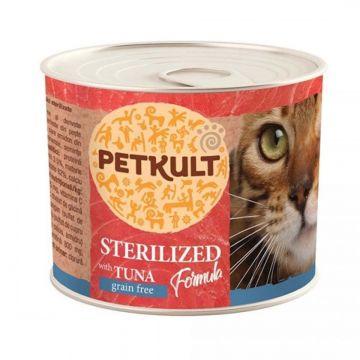 PETKULT Sterilised, Ton, conservă hrană umedă fără cereale pisici, 185g