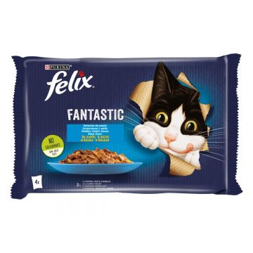 PURINA Felix Fantastic, 2 arome (Somon și Peste Cambula), pachet mixt, plic hrană umedă pisici, (în aspic), 85g x 4