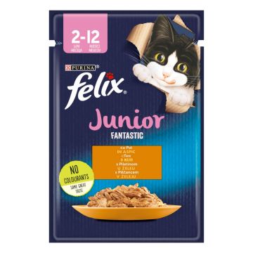 PURINA Felix Fantastic Junior, Pui, hrană umedă pisici junior, (în aspic) PURINA Felix Fantastic Junior, Pui, plic hrană umedă pisici junior, (în aspic), 85g